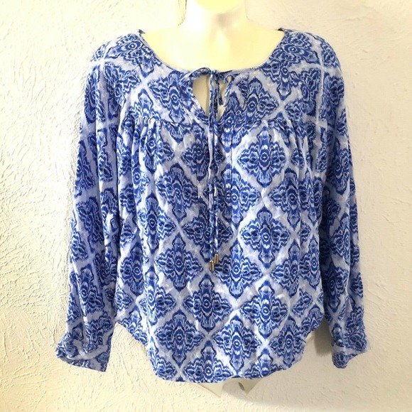 Cynthia Rowley Tops - Cynthia Rowley Blue White Print Rayon Tie Long Sleeve Pullover Peasant Shirt S